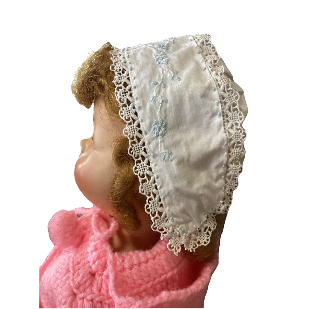 Vintage Handmade White Blue Embroidery  And Lace Baby Or Doll Bonnet
